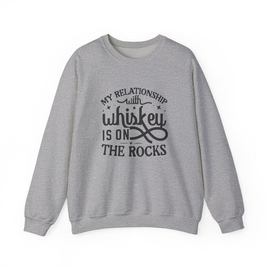 light pink sweatshirt with my relationship with whiskey is on the rocks funny design