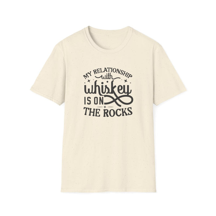 light blue t-shirt with 'My Relationship With Whiskey Is On The Rocks' funny pun design