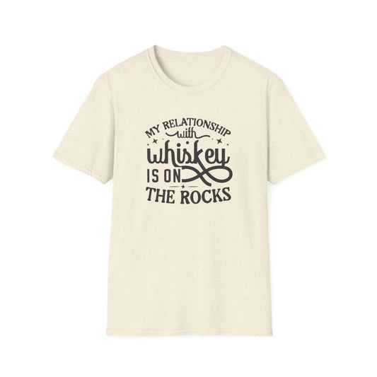 light blue t-shirt with 'My Relationship With Whiskey Is On The Rocks' funny pun design