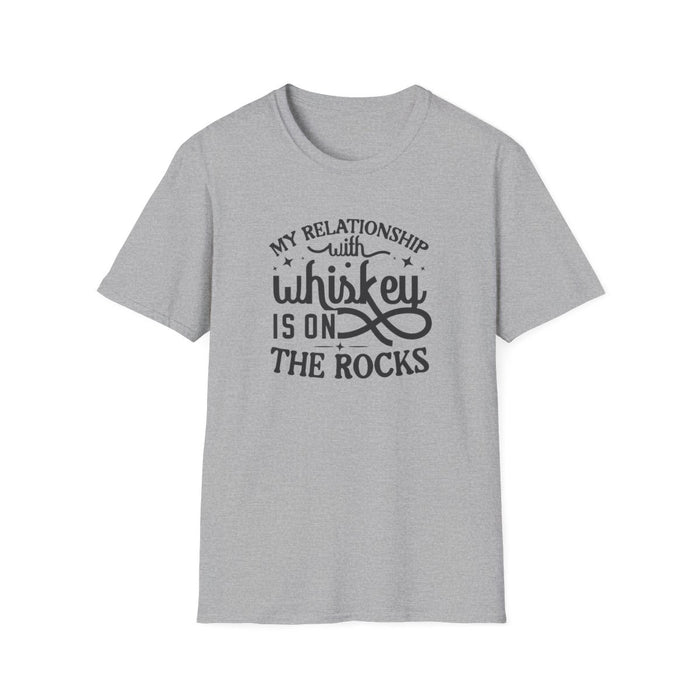 white t-shirt with black 'On The Rocks' whiskey funny design