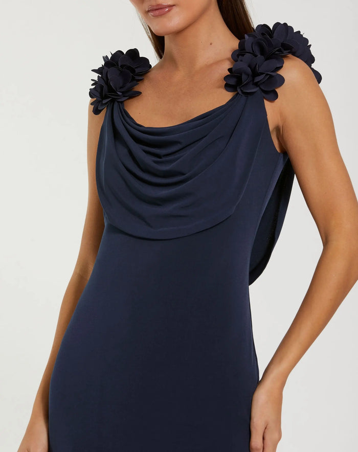 Navy Cowl Neck Jersey Gown With 3D Flower Straps - Ieena for Mac Duggal