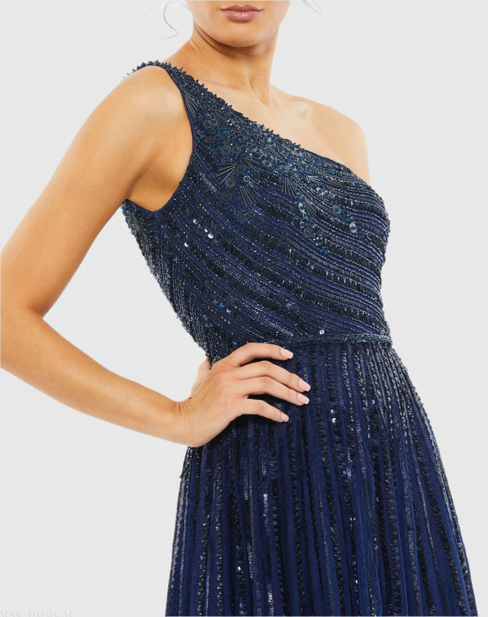 Navy Embellished One Shoulder A-Line Gown - Mac Duggal