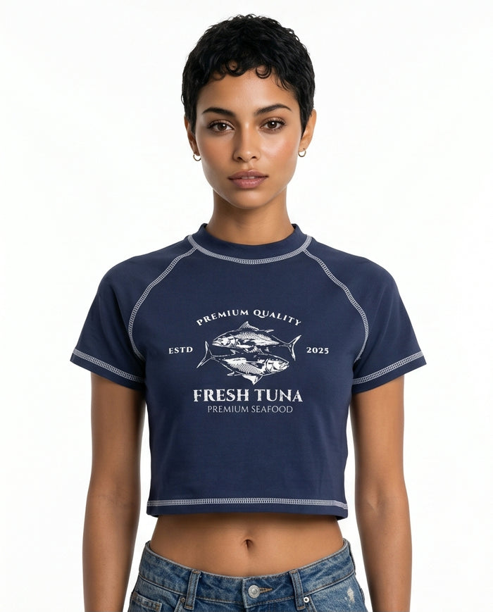Navy Graphic Print Cropped Raglan Tee - R217870