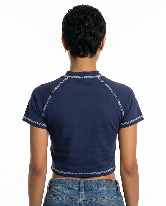 Navy Graphic Print Cropped Raglan Tee - R217870