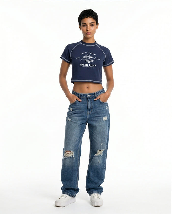 Navy Graphic Print Cropped Raglan Tee - R217870