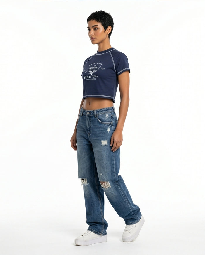 Navy Graphic Print Cropped Raglan Tee - R217870