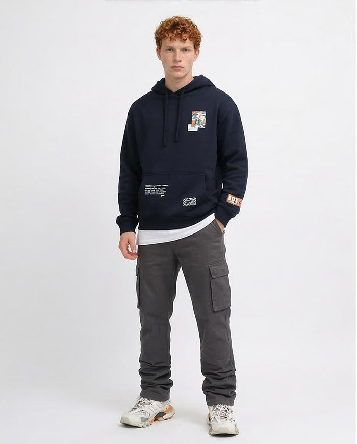 Navy Graphic Print Streetwear Hoodie - 0199375
