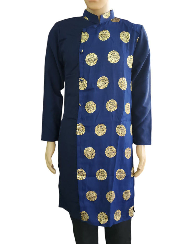 Navy Men's Ao Dai, Good Fortune Gold Pattern