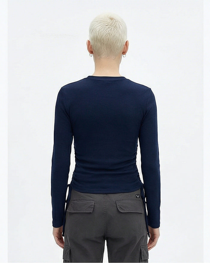 Navy Side-Ruched Long Sleeve T-Shirt - R215792