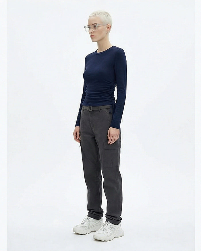 Navy Side-Ruched Long Sleeve T-Shirt - R215792
