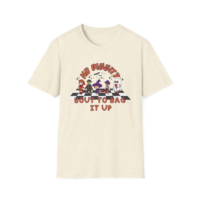 light blue t-shirt with no diggity bout to bag it up retro halloween design