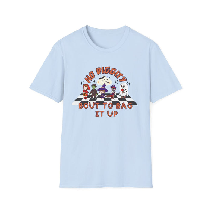 royal blue t-shirt with retro ghost and no diggity halloween graphic