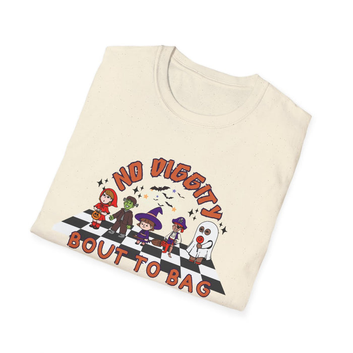 no diggity halloween t-shirt worn flat lay showing spooky season graphic