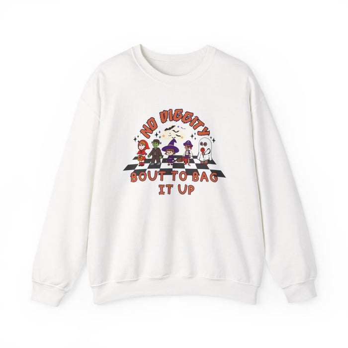 light pink sweatshirt with no diggity bout to bag it up halloween trick-or-treat design