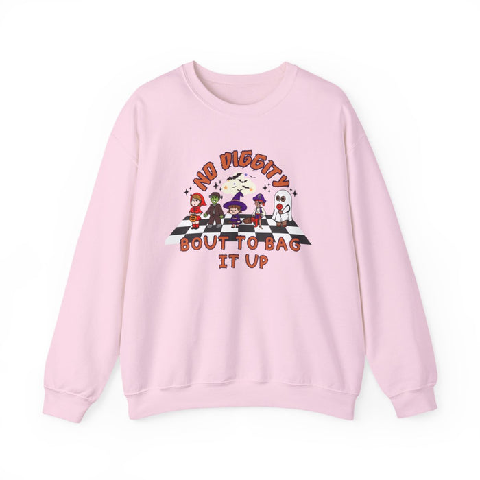 sand sweatshirt with retro no diggity halloween phrase and cute spooky characters