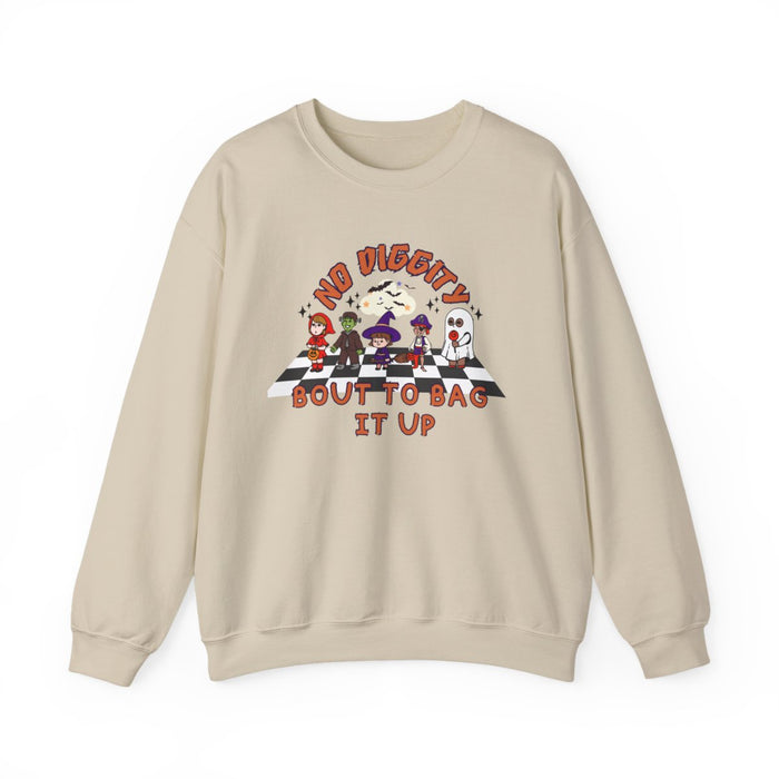 white sweatshirt with funny no diggity halloween candy bag graphic design