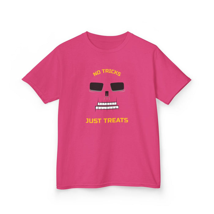 red t-shirt with no tricks just treats skeleton halloween graphic for kids