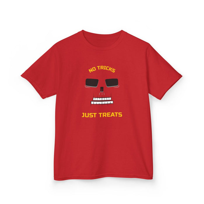 royal blue kids halloween t-shirt with skeleton face and treats design