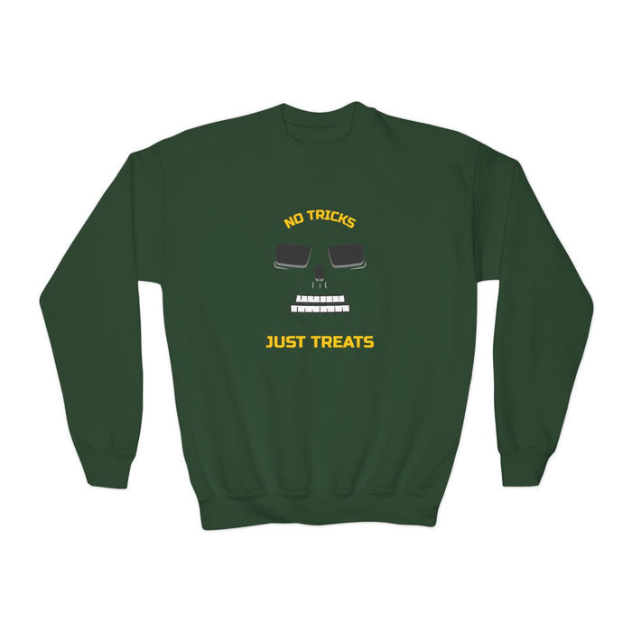 white kids sweatshirt featuring skeleton face and no tricks just treats slogan