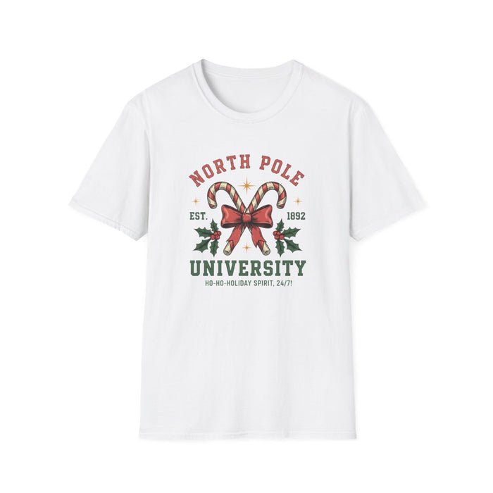 white t-shirt with north pole university collegiate design and candy cane graphic