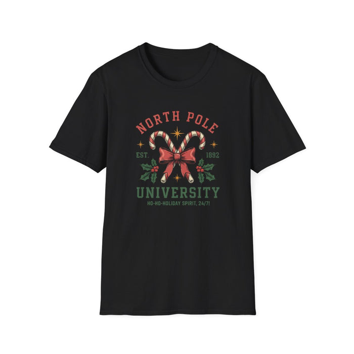 black t-shirt with north pole university christmas design