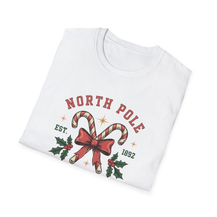 model wearing north pole university t-shirt for christmas wear