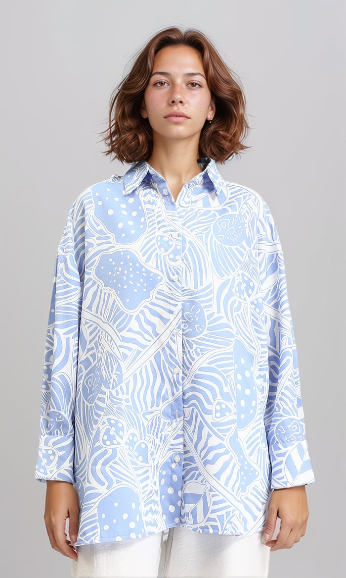 O193469 - Patterned Long Sleeves Casual Shirt - Baby Blue & White