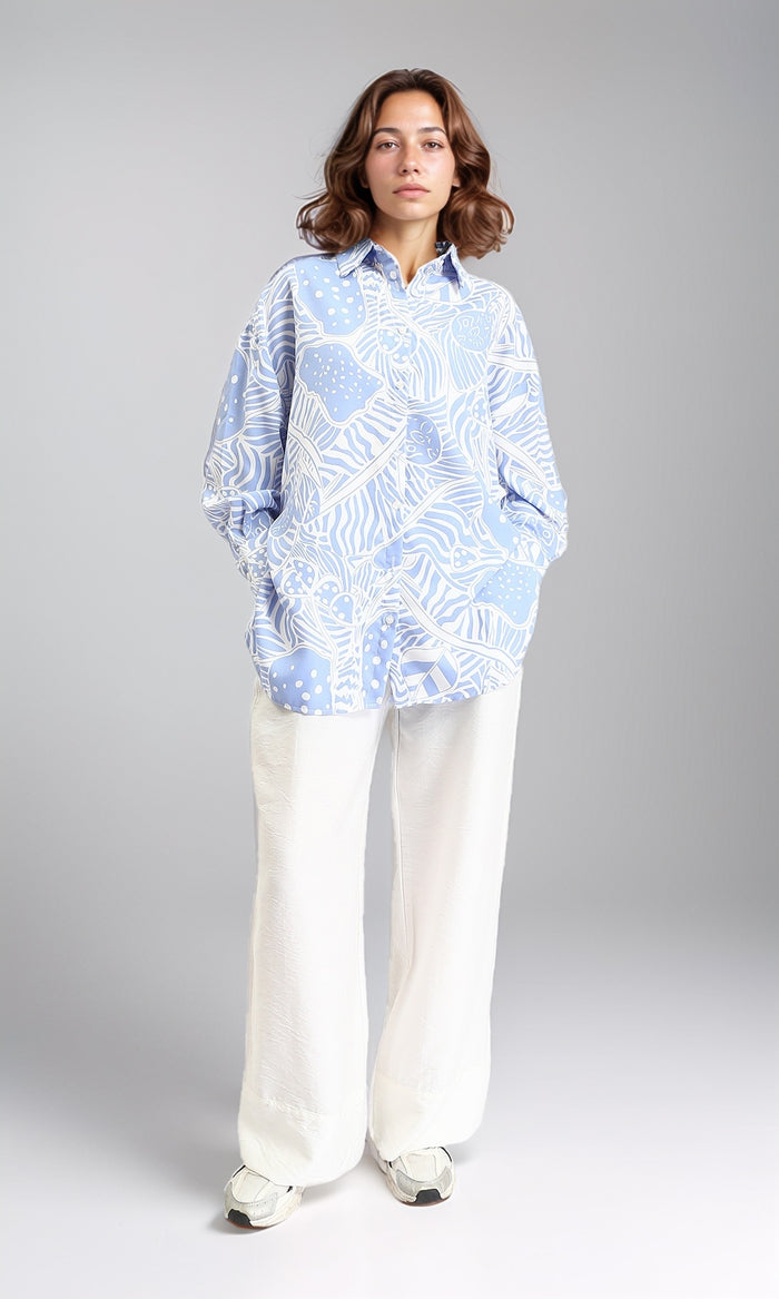 O193469 - Patterned Long Sleeves Casual Shirt - Baby Blue & White