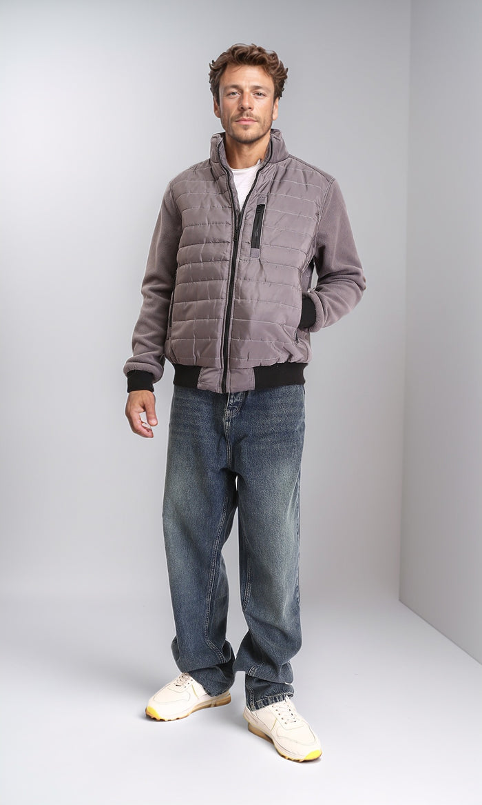 O199936 - Long Sleeves Zipped Bomber Jacket - Dark Grey