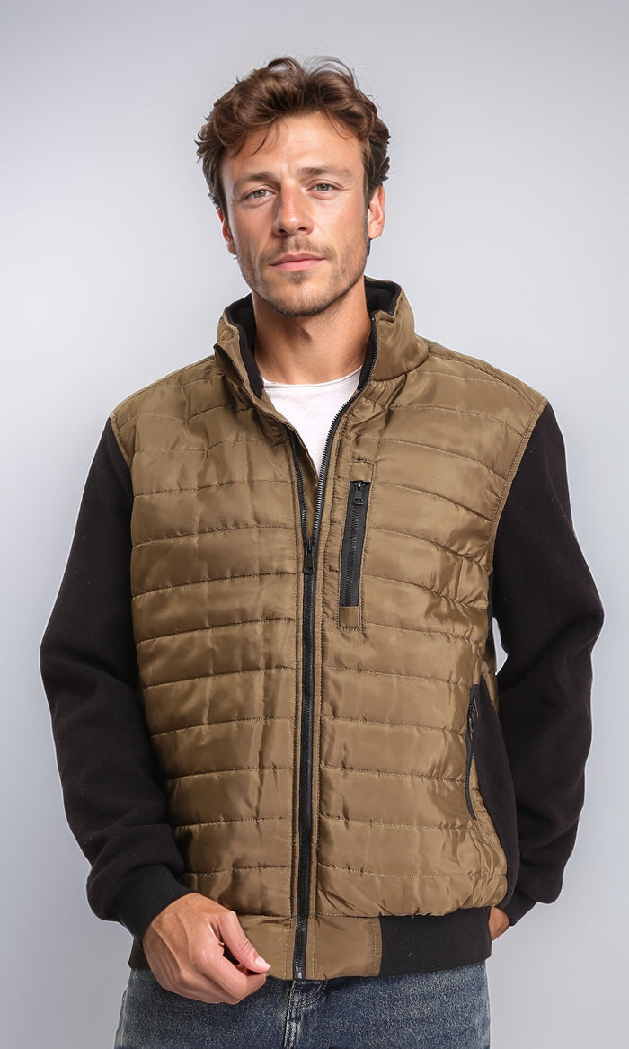 Bi-Tone Long Sleeves Zipped Bomber Jacket - Copper & Black