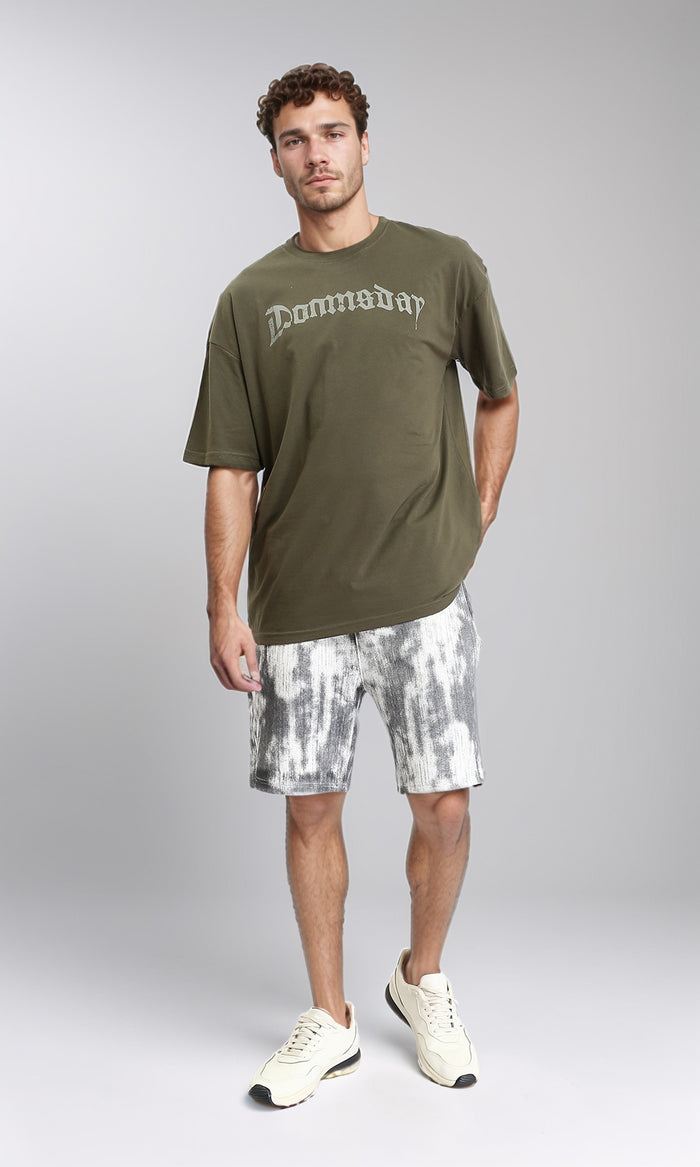 O203120 - Printed Elbow Sleeves Casual Tee - Dark Olive