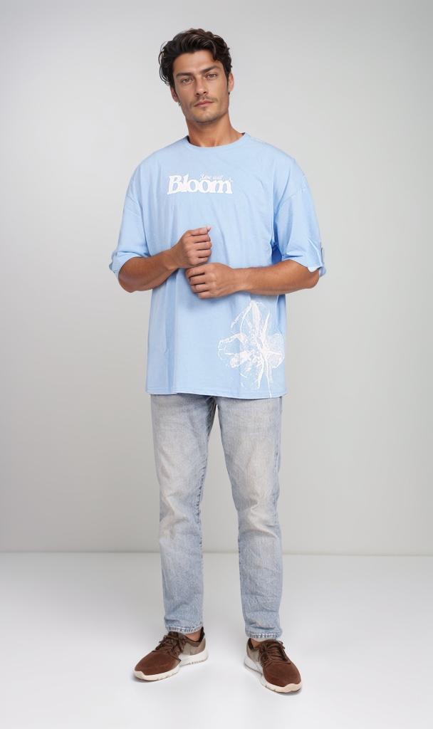 O203121 - Floral "Bloom Yourself" Oversized T-Shirt – Light Blue