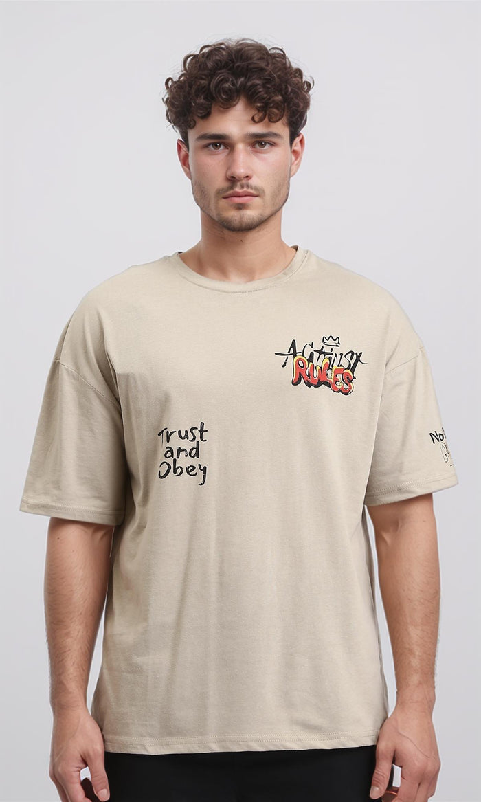 Printed Crew Neck Relaxed Tee - Light Coffee