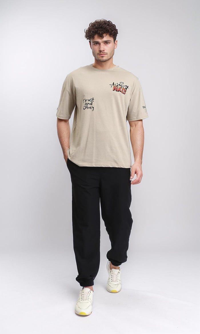 O203214 - Printed Crew Neck Relaxed Tee - Light Coffee