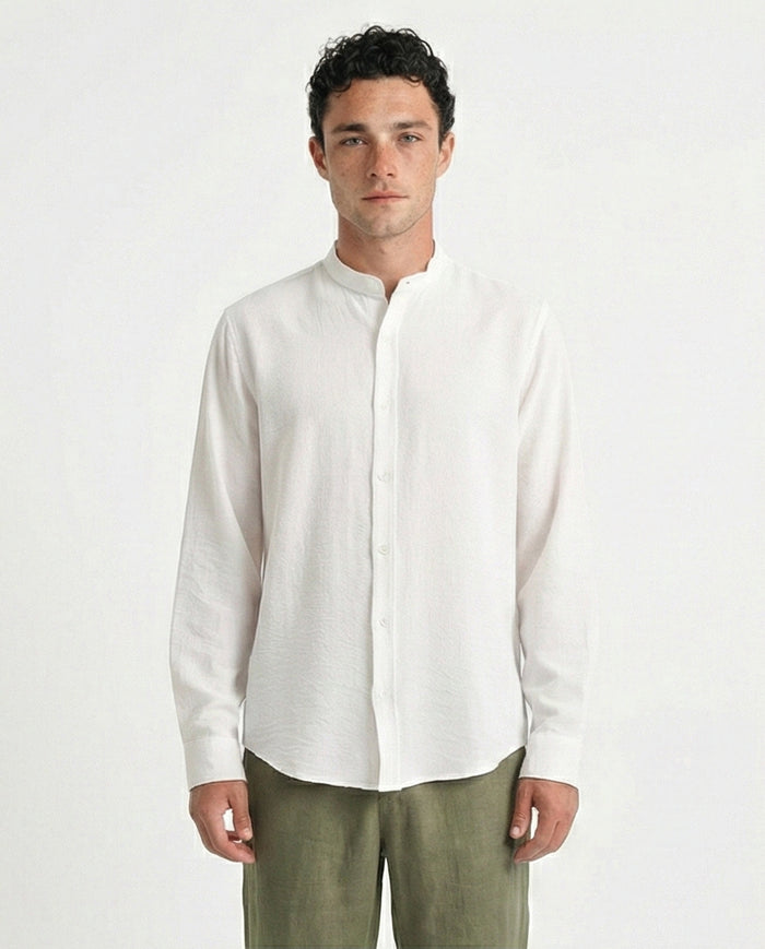 Summer Textured Shirt with Mandarin Collar - Off-White