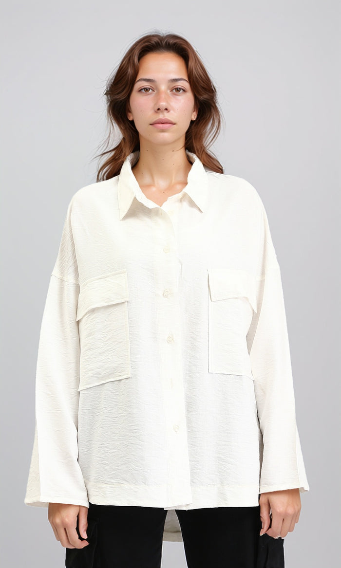 Relaxed Fit Long Sleeves Textured Shirt - Cream