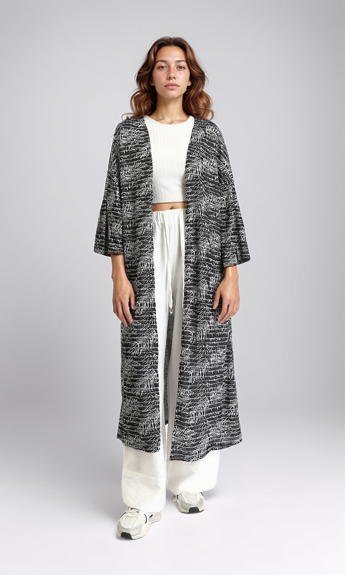 Patterned Open Neckline Long Cardigan - Black