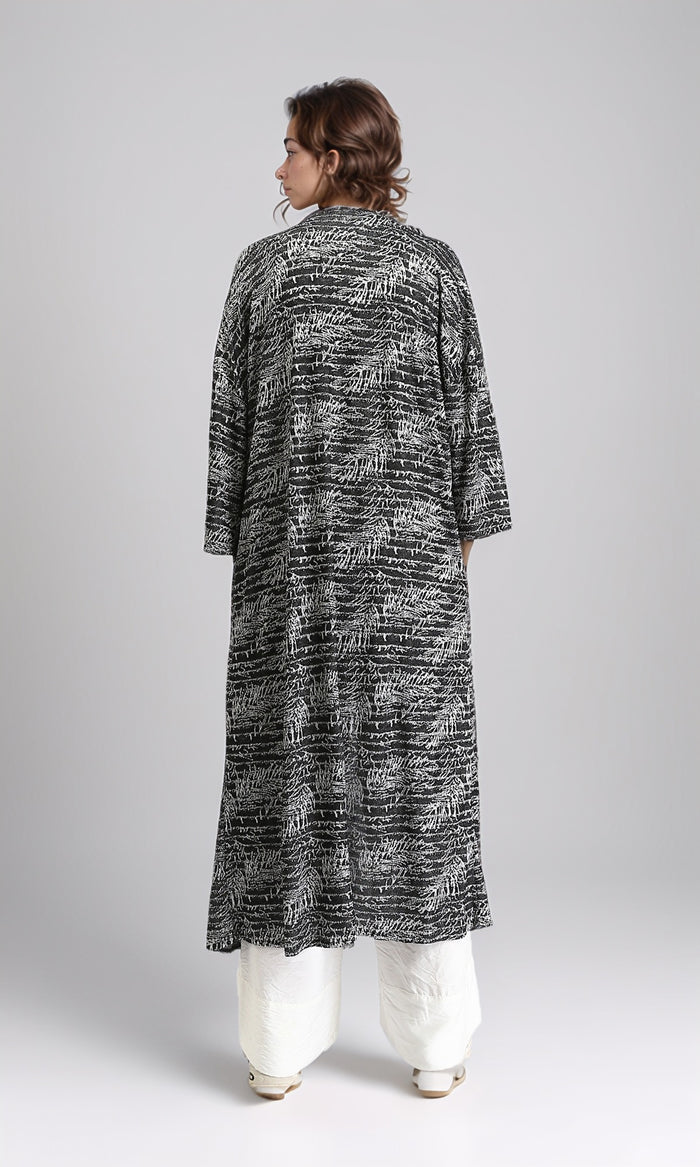 O204290 - Patterned Open Neckline Long Cardigan - Black