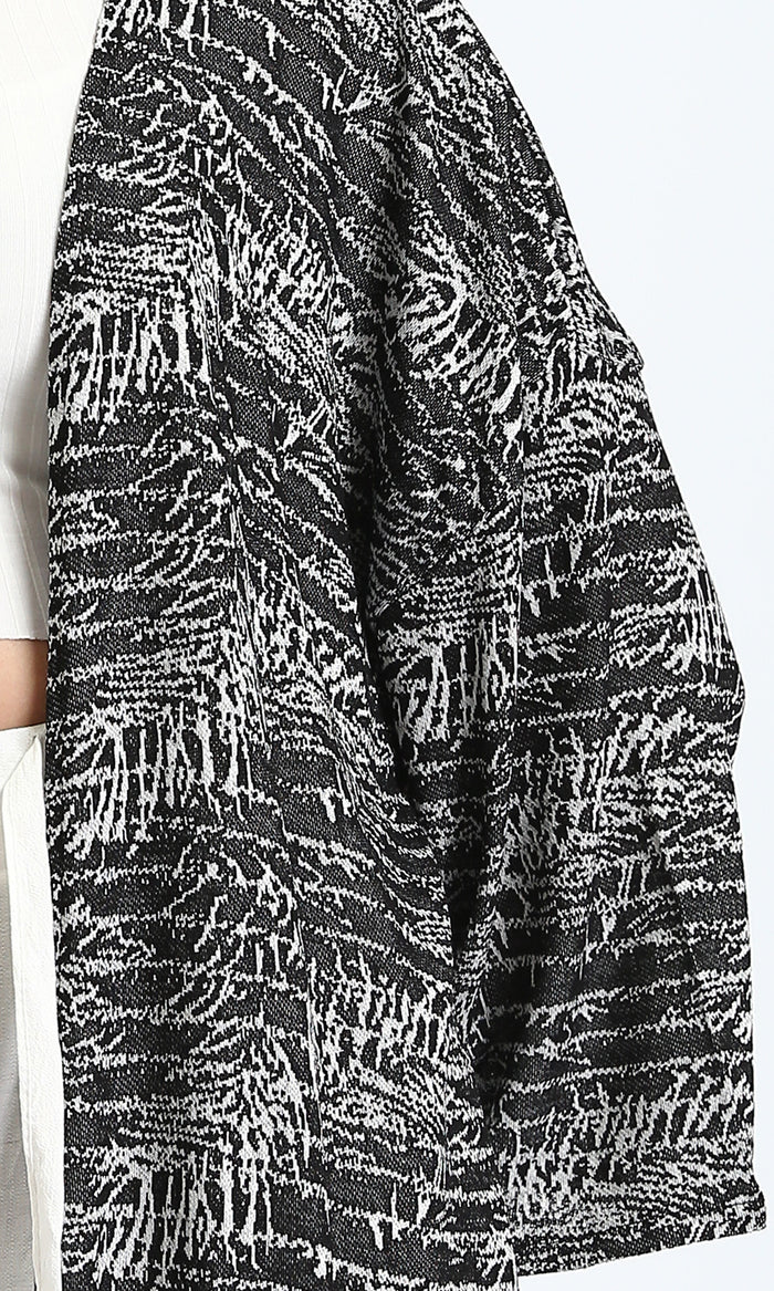 O204290 - Patterned Open Neckline Long Cardigan - Black
