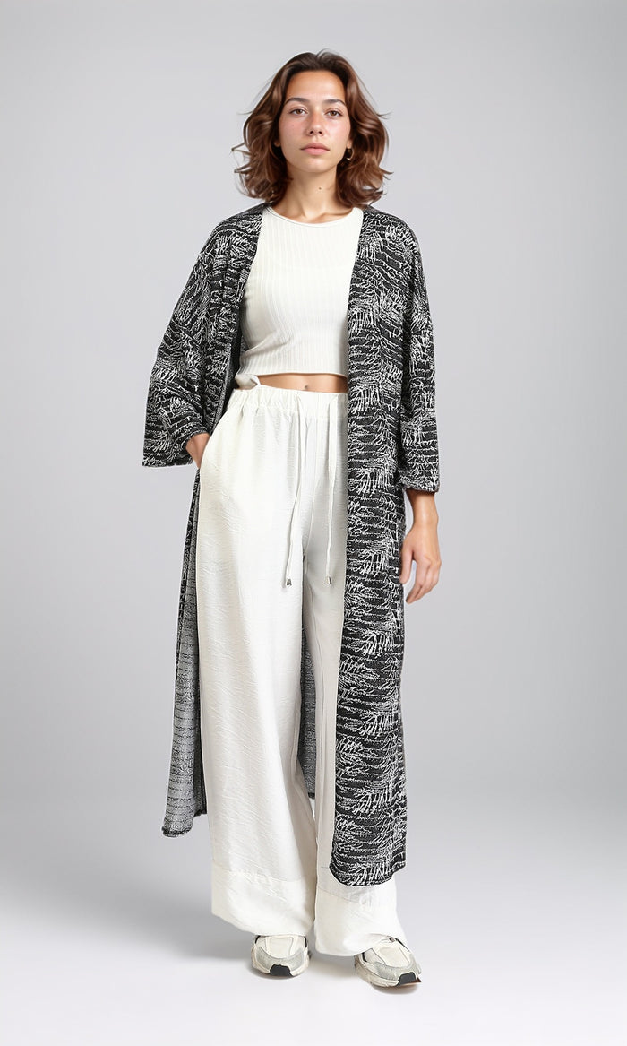 O204290 - Patterned Open Neckline Long Cardigan - Black