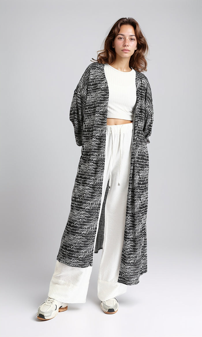 O204290 - Patterned Open Neckline Long Cardigan - Black