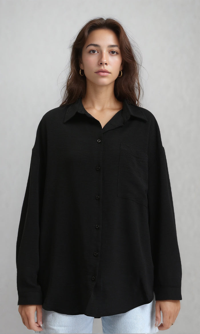 Long Sleeves Textured Long Shirt - Black