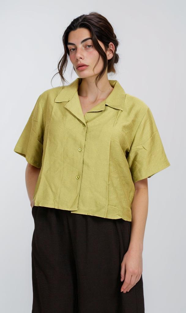 Cropped Linen Button-Up Shirt - Olive Green