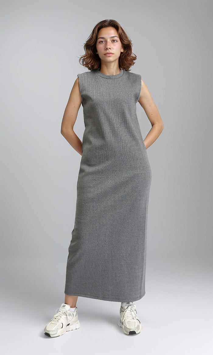 O204388 - Round Neck Sleeveless Maxi Dress - Heather Grey