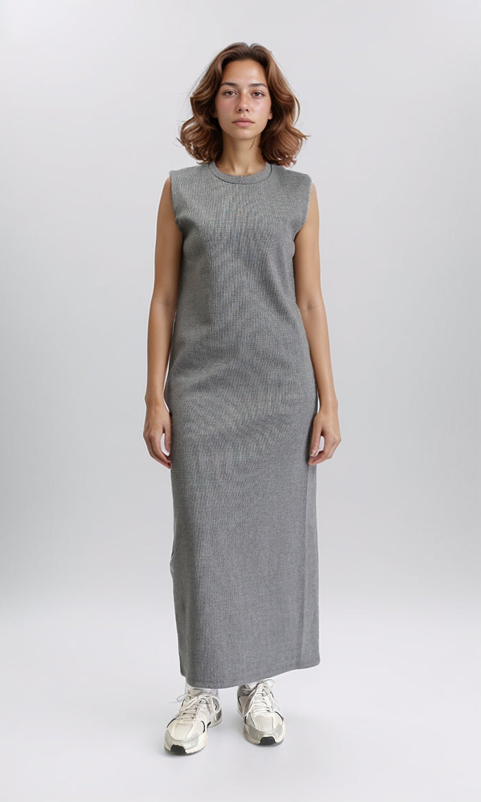 O204388 - Round Neck Sleeveless Maxi Dress - Heather Grey