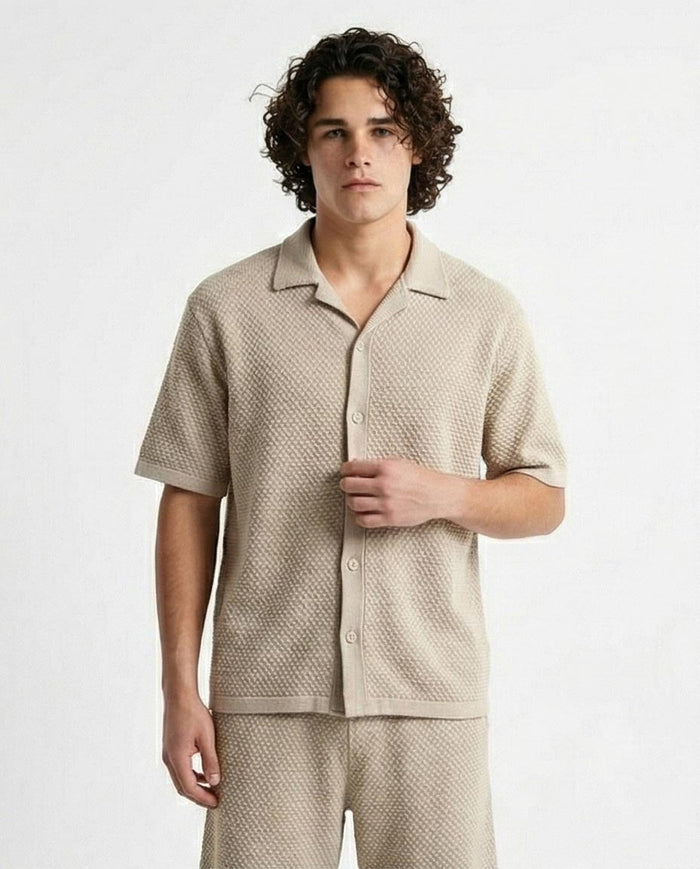 Oatmeal Textured Knit Camp Collar Shirt – Old Money Collection - R217142