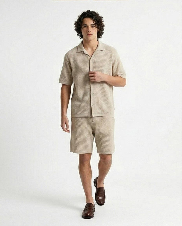 Oatmeal Textured Knit Camp Collar Shirt – Old Money Collection - R217142