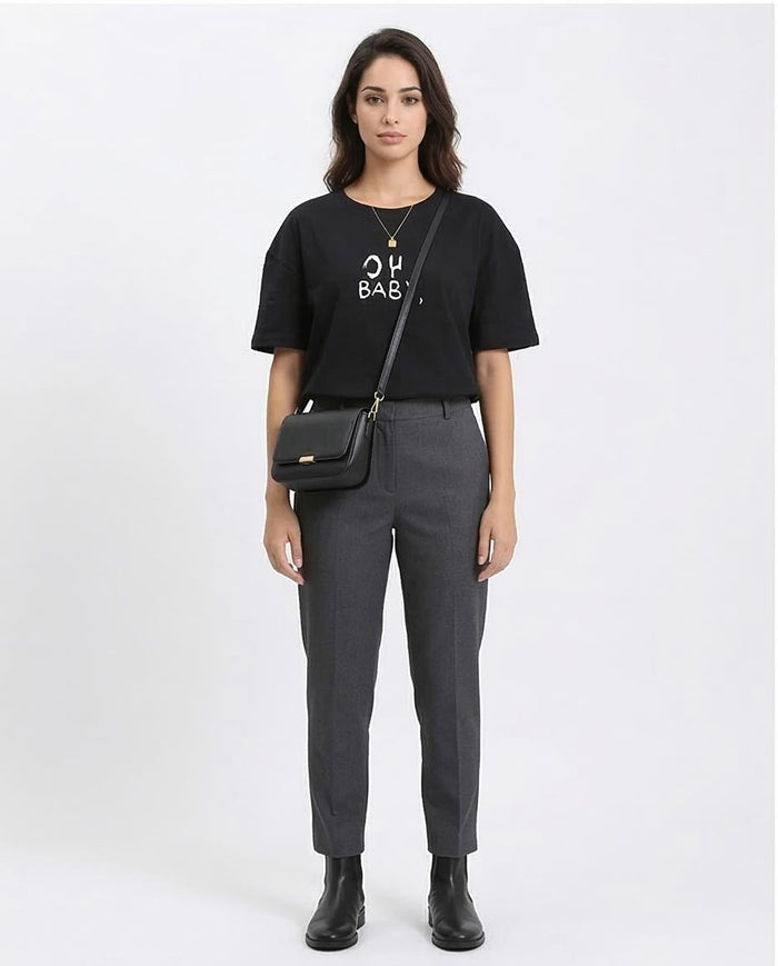 "Oh Baby" Elbow Sleeves Regular Tee - Black - R210564