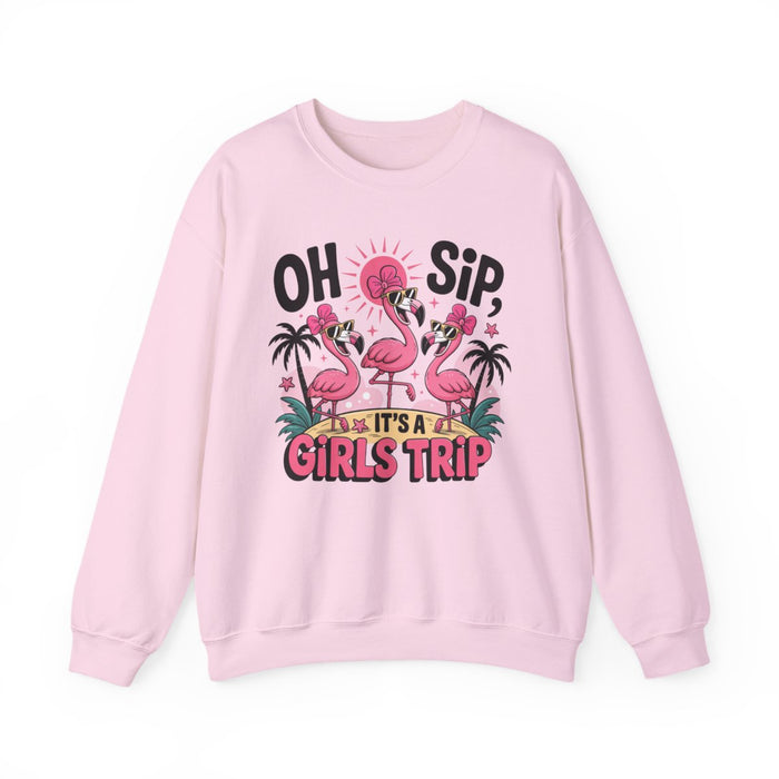 light pink sweatshirt with oh sip it's a girls trip funny beverage design