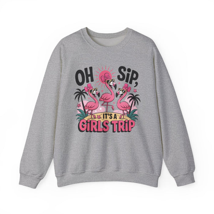 white sweatshirt with oh sip it's a girls trip cheeky girls getaway print